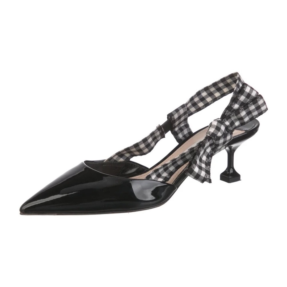 Miu Miu Gingham Bow Patent Leather Slingback Kitten Heels